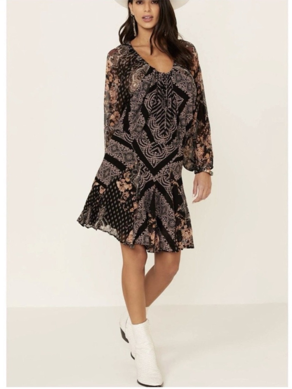 Free People Seven Wonders Boho Paisley Floral Patterned Long Sleeve Mini Dress
